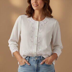 Vintage White Lace Blouse | Romantic Cottagecore Button Down Top Small Medium